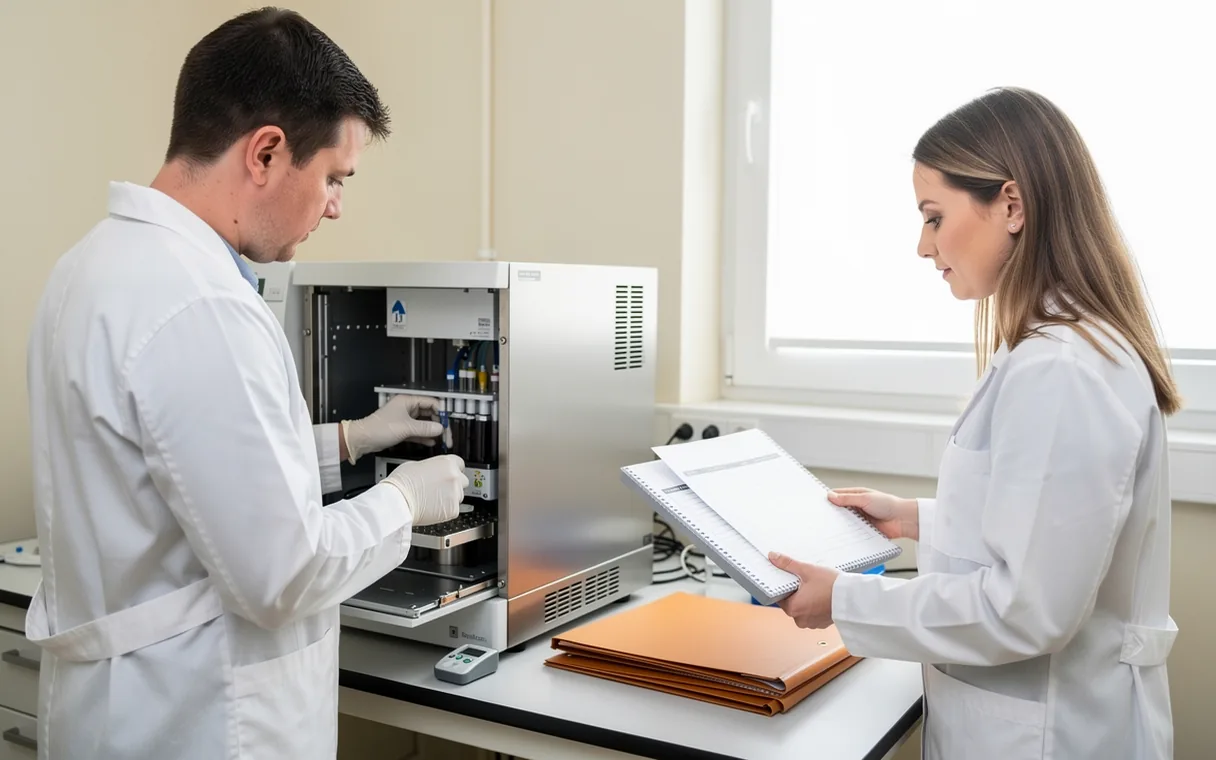 Two laboratory technicians checking an analytical instrument with a tray of plain papers nearby