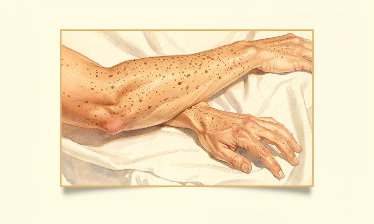 Watercolor study of a freckled forearm mounted on a cream background
