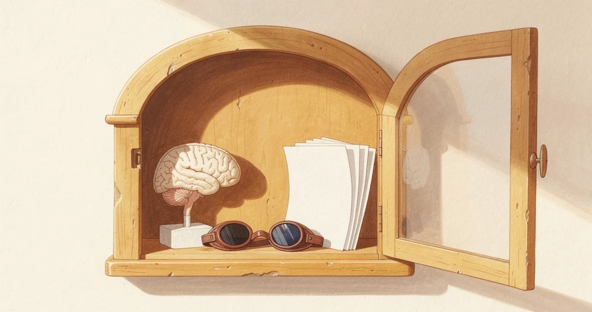 Gouache illustration of an arched display holding a brain model, tanning goggles and unprinted papers
