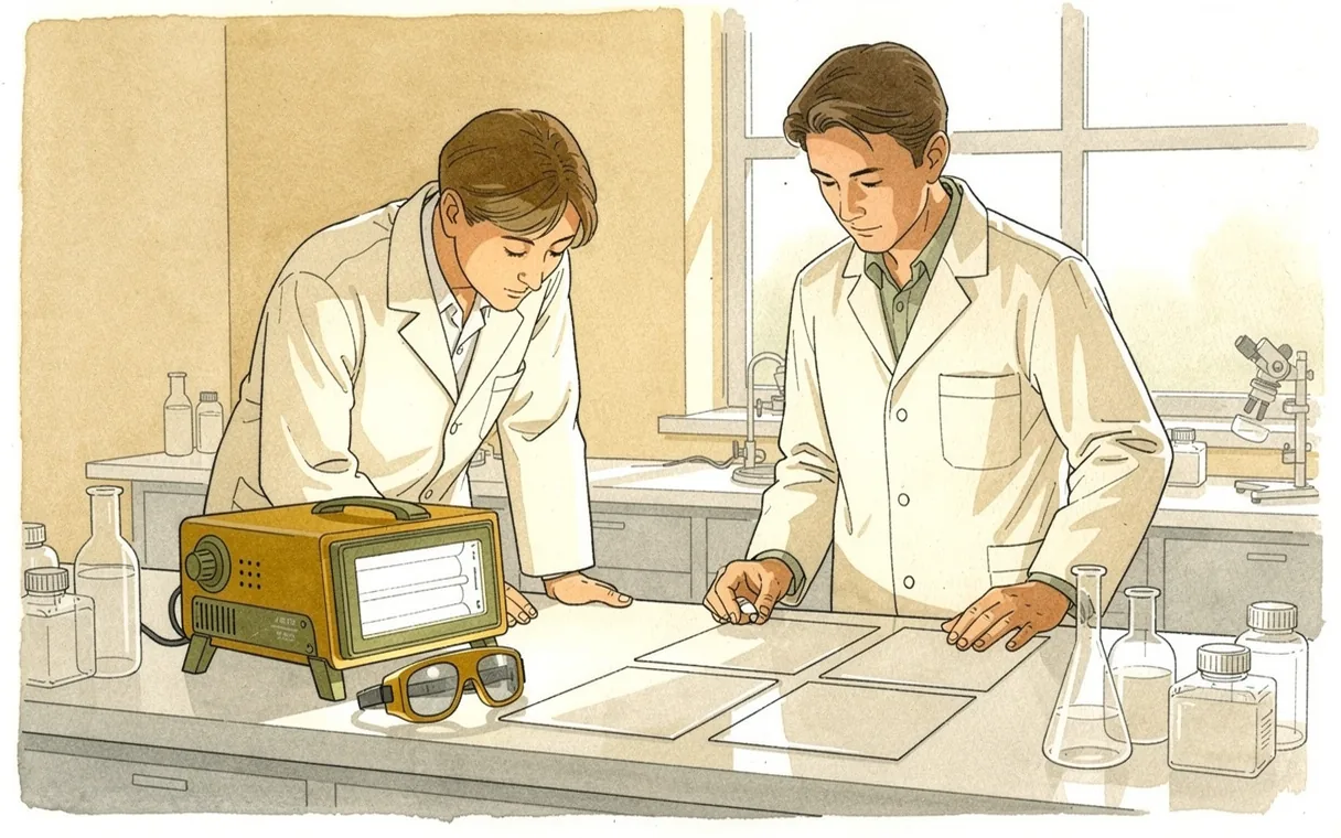 Illustration of two laboratory researchers studying a tanning lamp beside a bench of blank papers